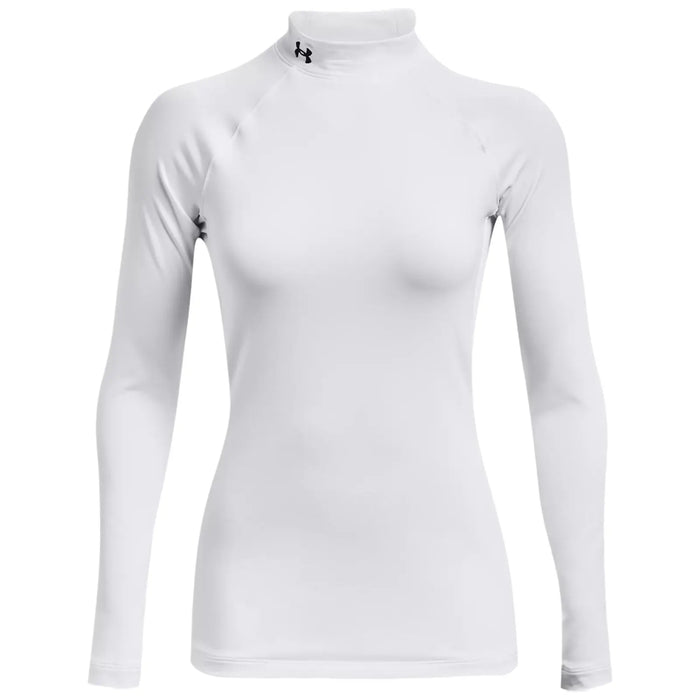 A white long-sleeve athletic top with a high collar is displayed front facing featuring a logo on the neckline designed for activewear and suitable for sports or outdoor activities.