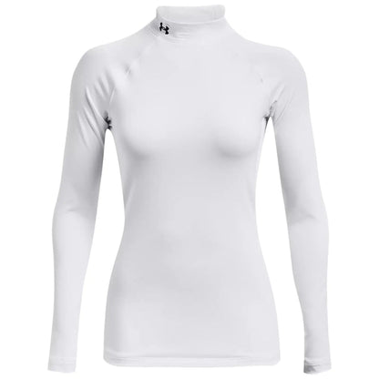 A white long-sleeve athletic top with a high collar is displayed front facing featuring a logo on the neckline designed for activewear and suitable for sports or outdoor activities.