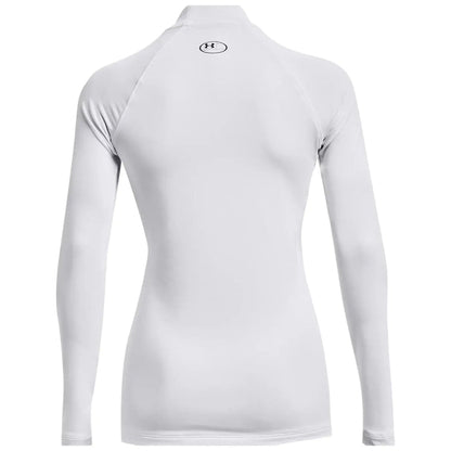A long-sleeve white athletic shirt is displayed facing away revealing a high collar and a small logo on the upper back in a simple and clean design.