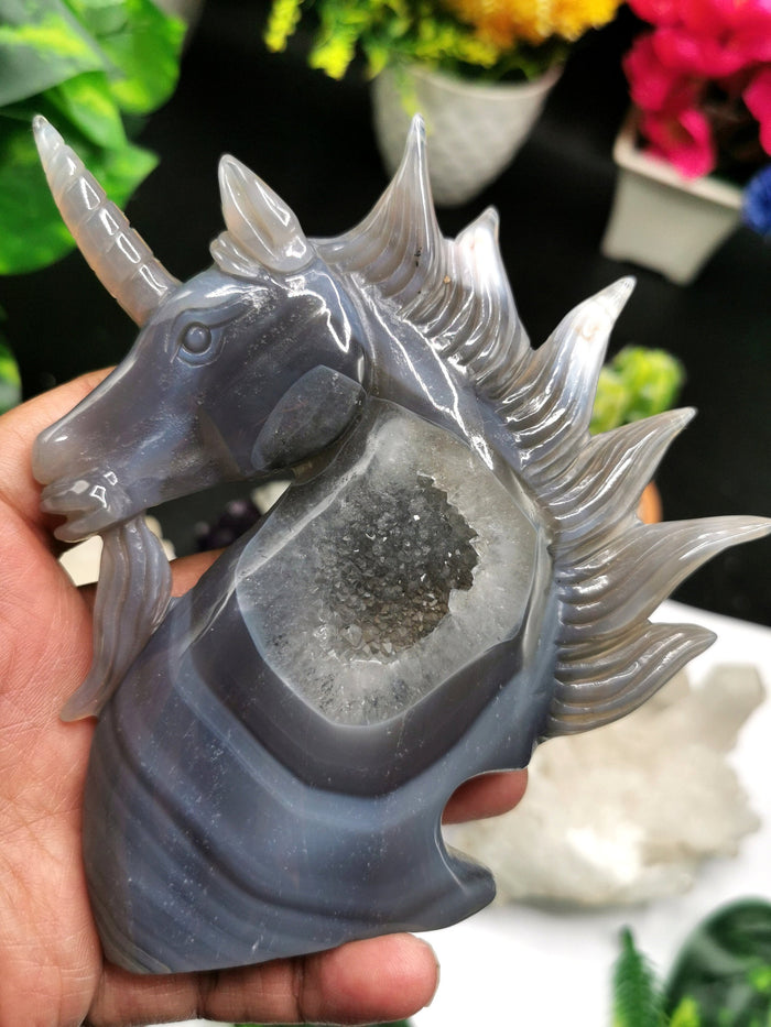 Unicorn in Agate Geode Rock, hand carved crystal gemstone lapidary art for home decor - Shwasam