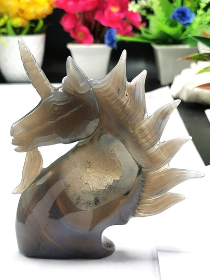 Unicorn in Agate Geode Rock, hand carved crystal gemstone lapidary art for home decor - Shwasam