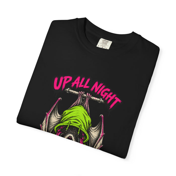 Black Up All Night Bat Tee t-shirt folded to show the front print at an angle.