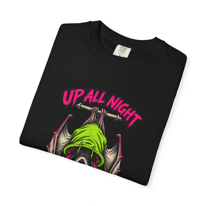 Black Up All Night Bat Tee t-shirt folded to show the front print at an angle.