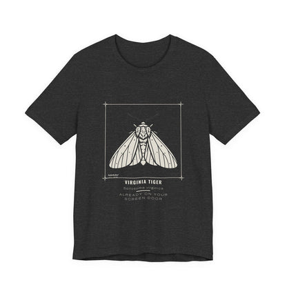 The Virginia tiger moth specimen plate design printed on a dark grey heather unisex t-shirt.