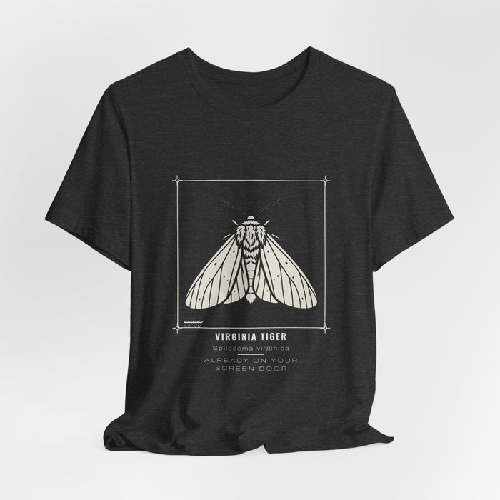 Dark grey heather Virginia Tiger t-shirt shown draped, front print visible.