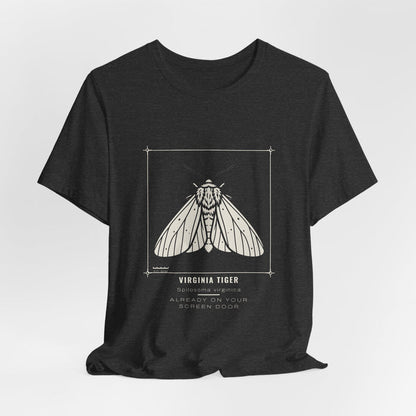 Dark grey heather Virginia Tiger t-shirt shown draped, front print visible.