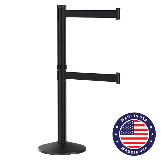 Visiontron Premium Black Dual Line Crowd Control Post with 10' Belts - High - Traffic Indoor Barrier - Crowd Control Warehouse