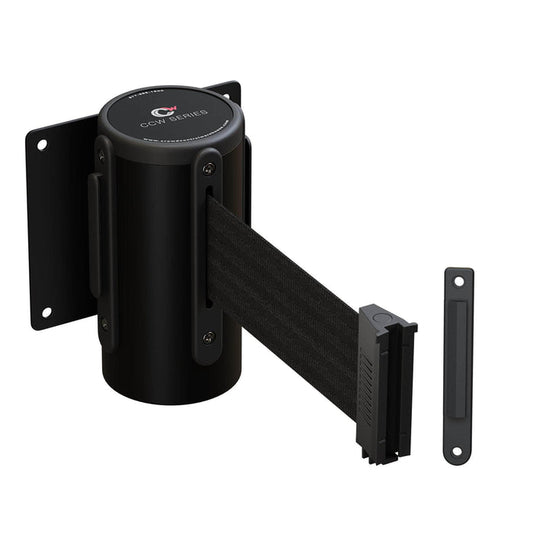 Wall Mounted Retractable Belt Barrier Fixed, Black Steel Case, 8.5 Ft. and 11 Ft. Belts - CCW Series WMB - 120 - Crowd Control Warehouse
