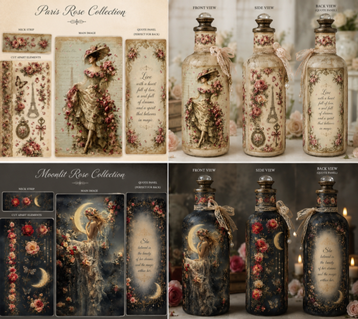 Bottle Panels Rice Paper by Reba Rose Creations