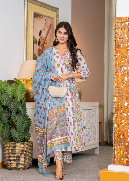 WHITE BLUE ANGRAKHA ANARKALI SUIT SET
