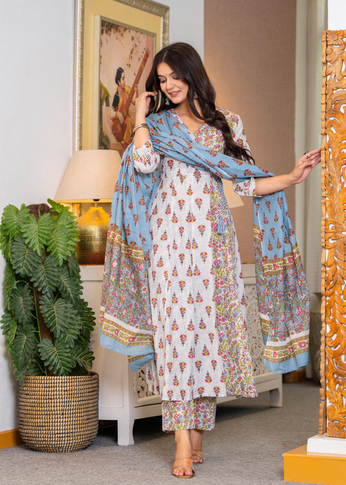 WHITE BLUE ANGRAKHA ANARKALI SUIT SET