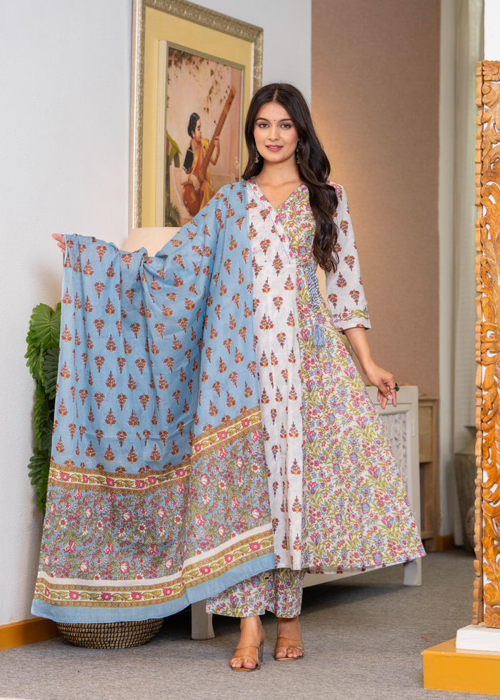 WHITE BLUE ANGRAKHA ANARKALI SUIT SET