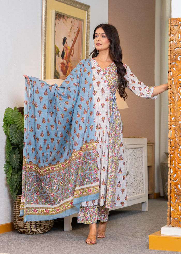 WHITE BLUE ANGRAKHA ANARKALI SUIT SET