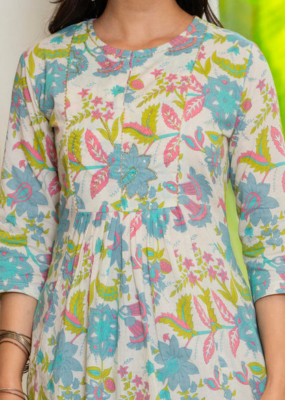 WHITE BLUE FLORAL PLEATED SUIT SET