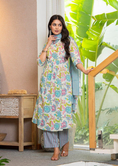WHITE BLUE FLORAL PLEATED SUIT SET
