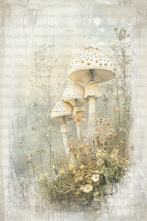 White Mushrooms Rice Paper by Reba Rose Creations