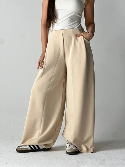 Wide-Leg Summer Melton Pants-Beige