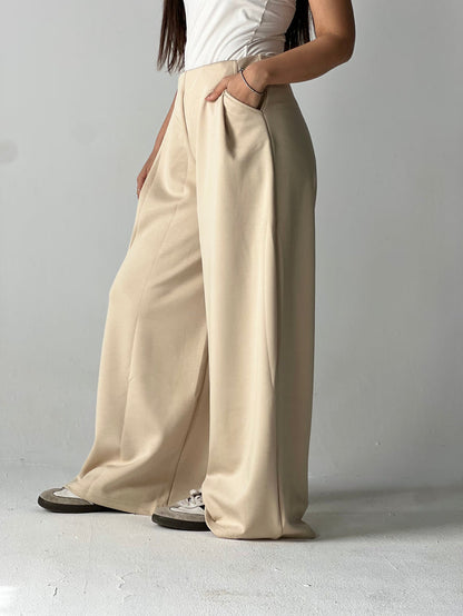 Wide-Leg Summer Melton Pants-Beige