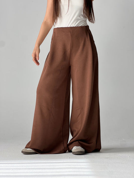 Wide-Leg Summer Melton Pants-Brown