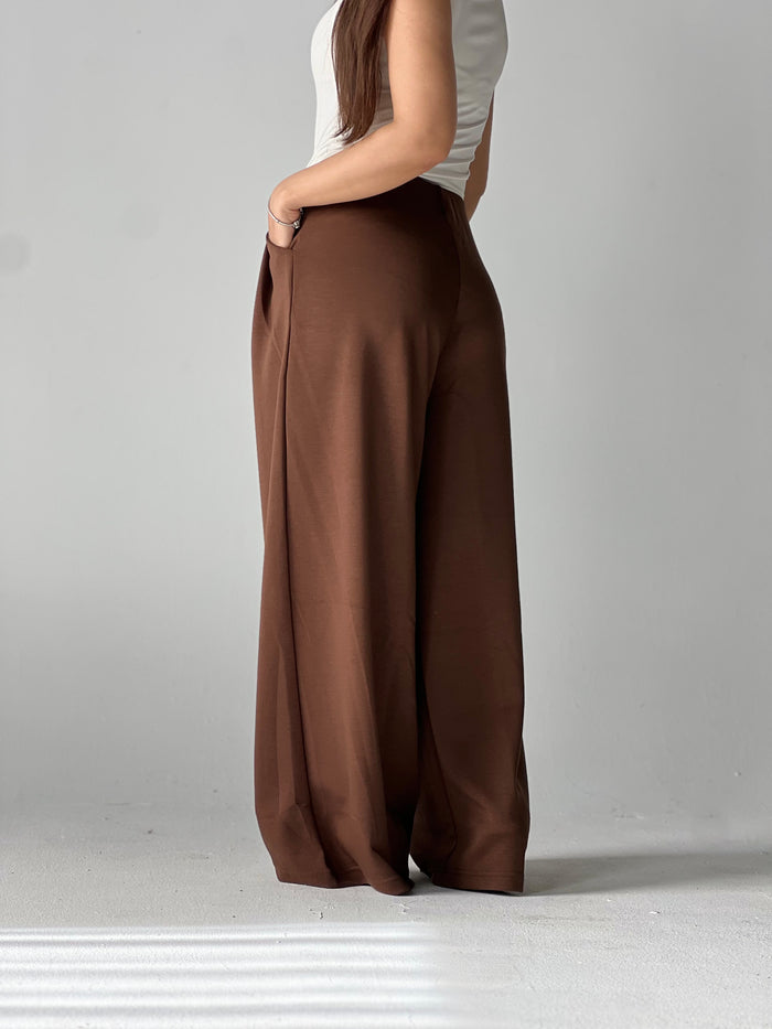 Wide-Leg Summer Melton Pants-Brown