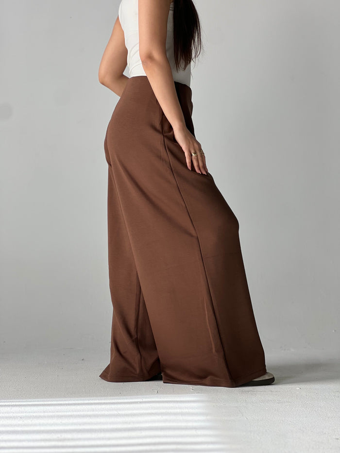 Wide-Leg Summer Melton Pants-Brown