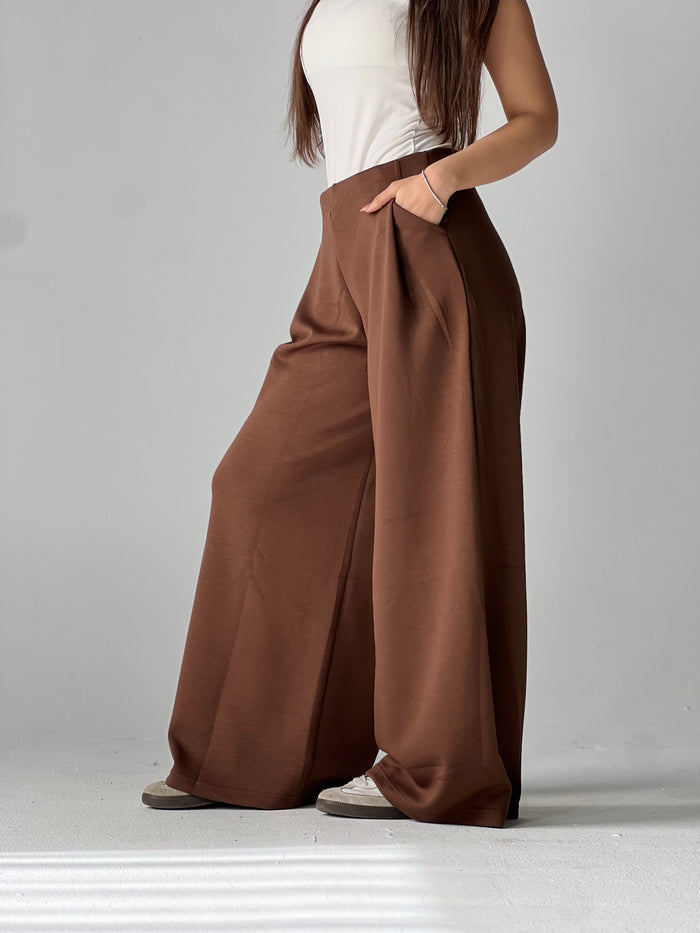 Wide-Leg Summer Melton Pants-Brown