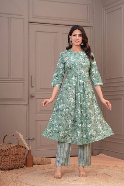 XS / Green / pure cotton  with mulmul dupatta