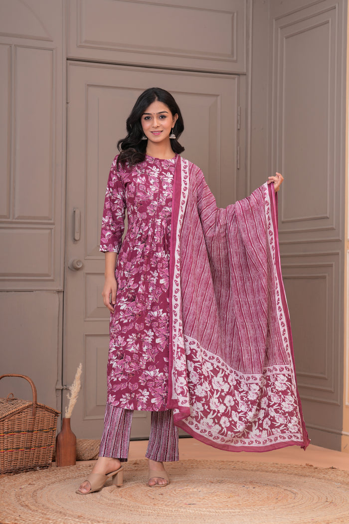 XS / Wine / pure cotton  with mulmul dupatta